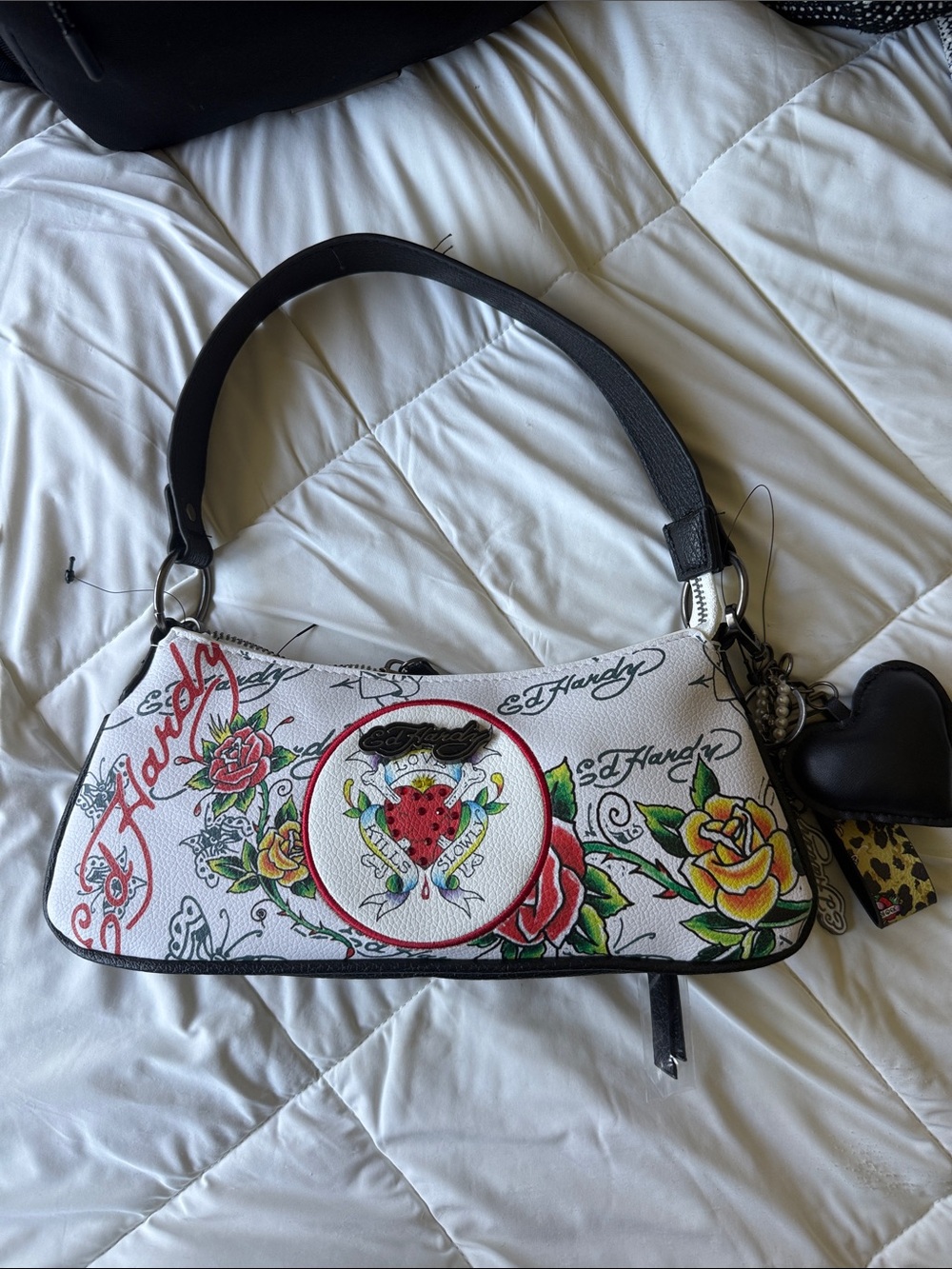 Ed Hardy White Floral Tattoo-Print Shoulder Bag with Red & Yellow Roses